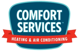 Logo with the text "Comfort Services" in white on a teal background, and "Heating & Air Conditioning" in white on a red ribbon below.